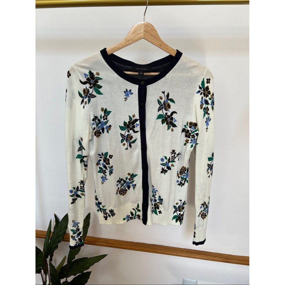 Ann Taylor Cream Cardigan with Navy Trim and Floral Embroidery, 100% Cotton, S